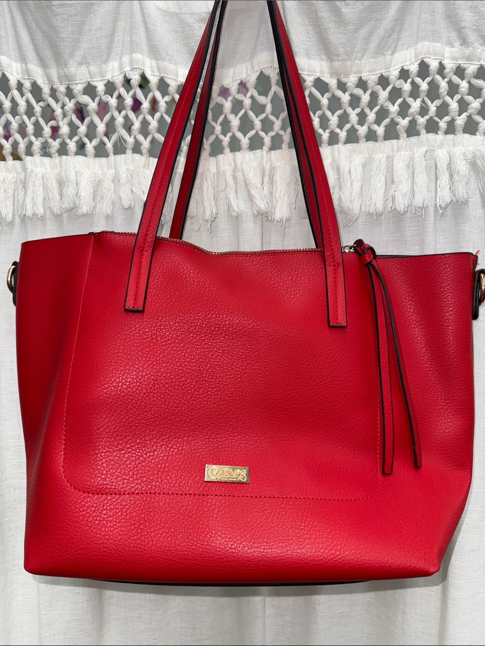 Carlos Santana Bright Red Studded Faux Leather Tote Bag Gold Pyramid Studs